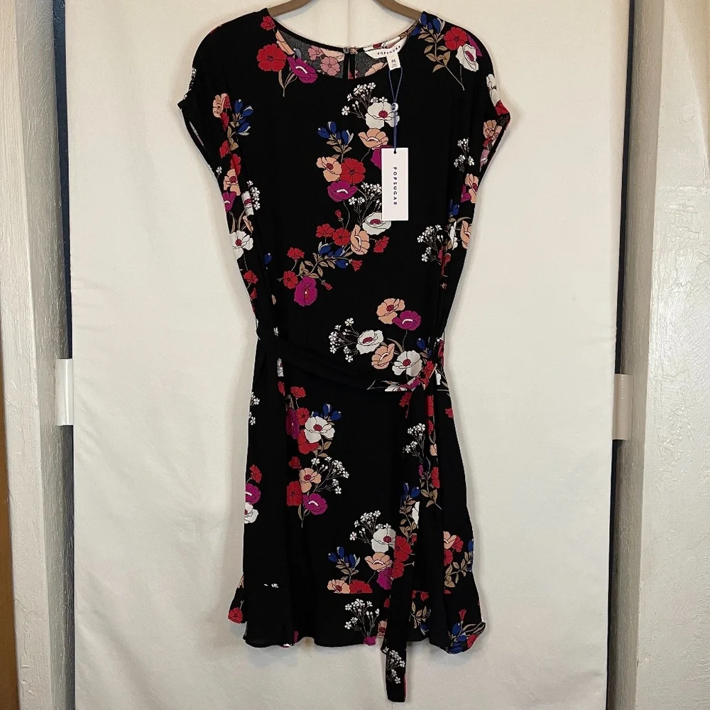 Popsugar Black Floral Tie Waist Dress NWT Size M